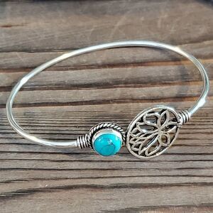 India Turquoise Gemstone Lotus Sterling Silver Overlay Cuff Bracelet 6743-R